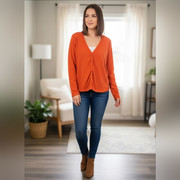 Buffalo David Bitton Bright Orange Ribbed Button-Front Long Sleeve Top - Picture 5 of 5